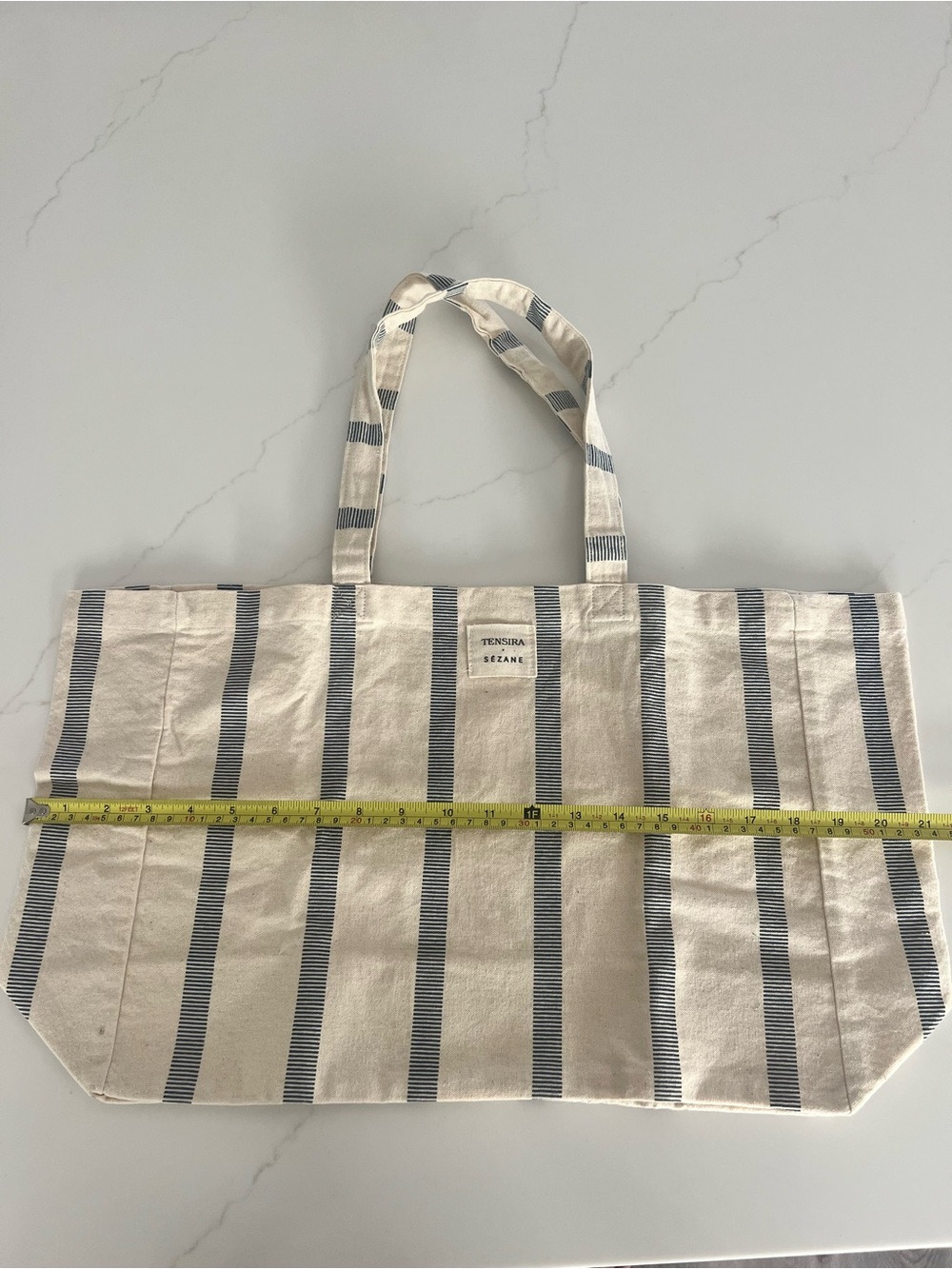 Sezane Cream Canvas Tote with Navy Stripes